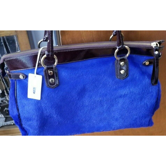 CAVALCANTI Pony hair LARGE Tote Shoulder Bag Blue with Patent trim Italy NWT - Picture 1 of 11
